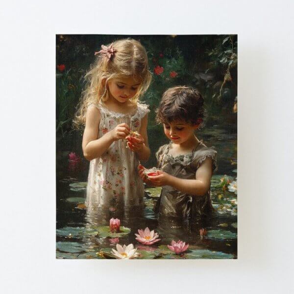 Impressionist Kids Picking Water Lilies Art Canvas Mounted Print