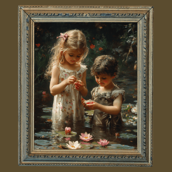 Impressionist Kids Picking Water Lilies Art Canvas Mounted Print