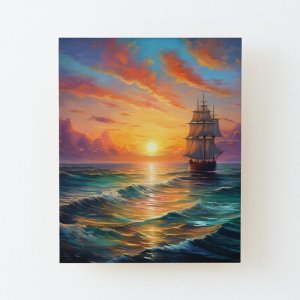 Sunrise Pirate Ship in Ocean Mounted Print