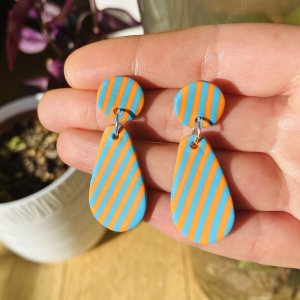 blue turquoise and orange stripes polymer clay earrings