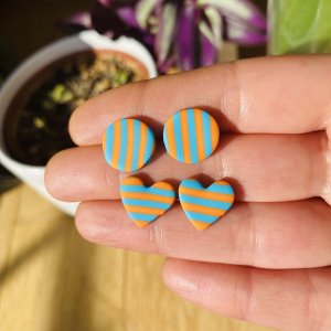 blue turquoise and orange stripes polymer clay earrings