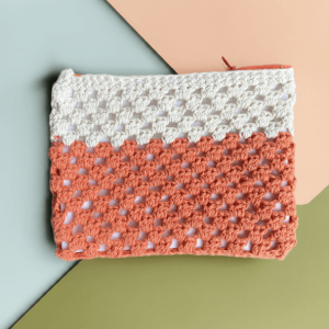 Handmade Crochet Pouch, Beige and Coral Orange, 100% Recycled Cotton