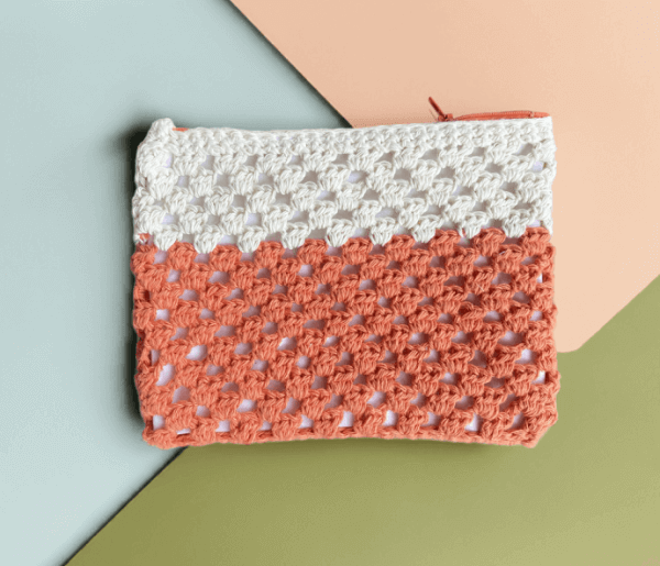 Handmade Crochet Pouch, Beige and Coral Orange, 100% Recycled Cotton