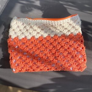 Handmade Crochet Pouch, Beige and Coral Orange, 100% Recycled Cotton