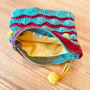 handmade crochet zipper pouch olive and cherry red colors and golden mustard details