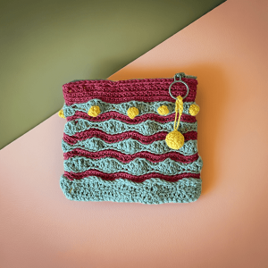handmade crochet zipper pouch olive and cherry red colors and golden mustard details