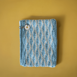 handmade crochet zipper pouch beige blue cream duck egg wave stitch