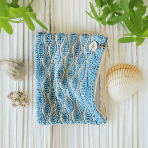 handmade crochet zipper pouch beige blue cream duck egg wave stitch