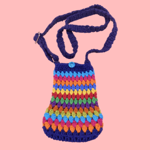 Handmade Crochet Mobile Bag – Rainbow Cotton Yarn, Button Closure, Adjustable Strap, Colorful Phone Cross-body Pouch