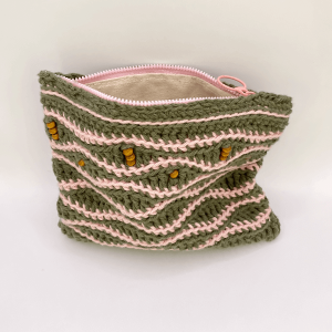 handmade crocher zipper pouch with wooden beads olive and pink gift