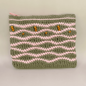 handmade crocher zipper pouch with wooden beads olive and pink gift