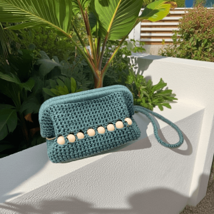 Dark Green Crochet Clutch Bag with Satin Lining – Handmade with Wooden Beads & Wrist Strap – Luxury Gift