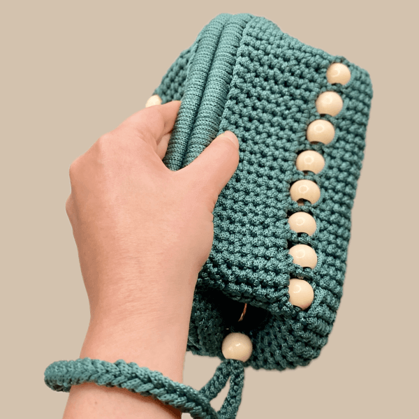 Dark Green Crochet Clutch Bag with Satin Lining – Handmade with Wooden Beads & Wrist Strap – Luxury Gift