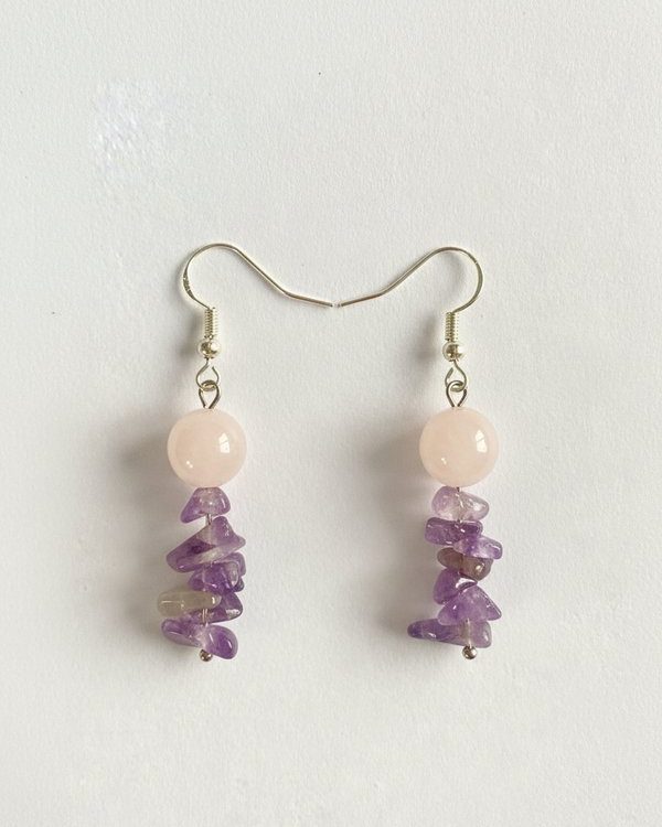 Rose Quartz and Amethyst Earrings: Love, emotional healing, calm serenity