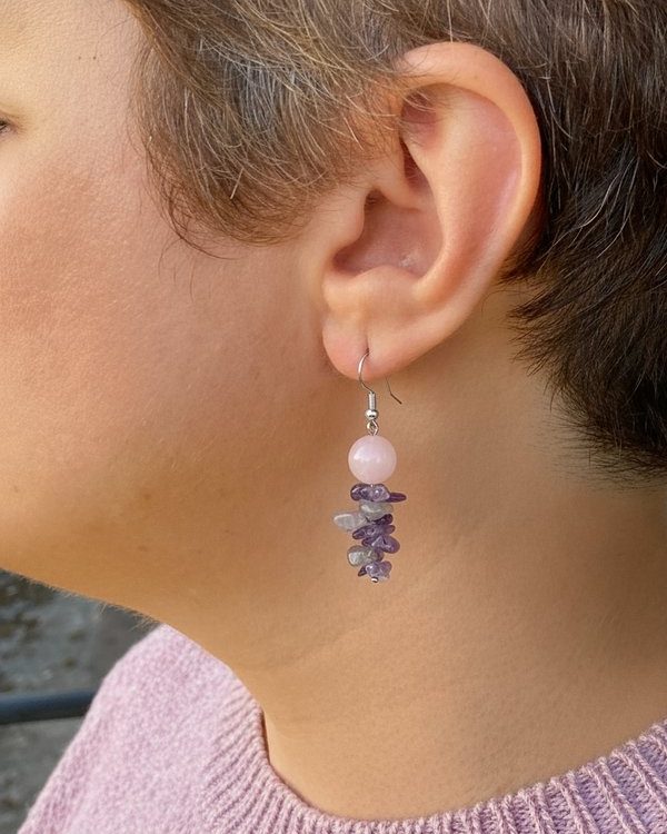 Rose Quartz and Amethyst Earrings: Love, emotional healing, calm serenity