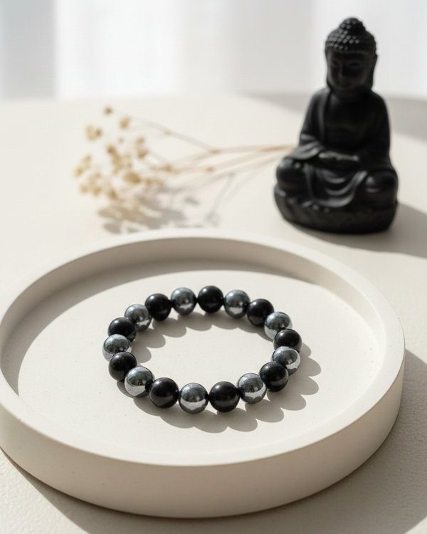 Black Tourmaline & Hematite Bracelet - unisex elastic bracelet for men and women