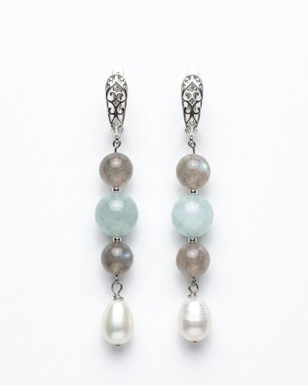 Labradorite Aquamarine Pearl Earrings | 925 Sterling Silver | Intuition Calm & Wisdom | March Gift