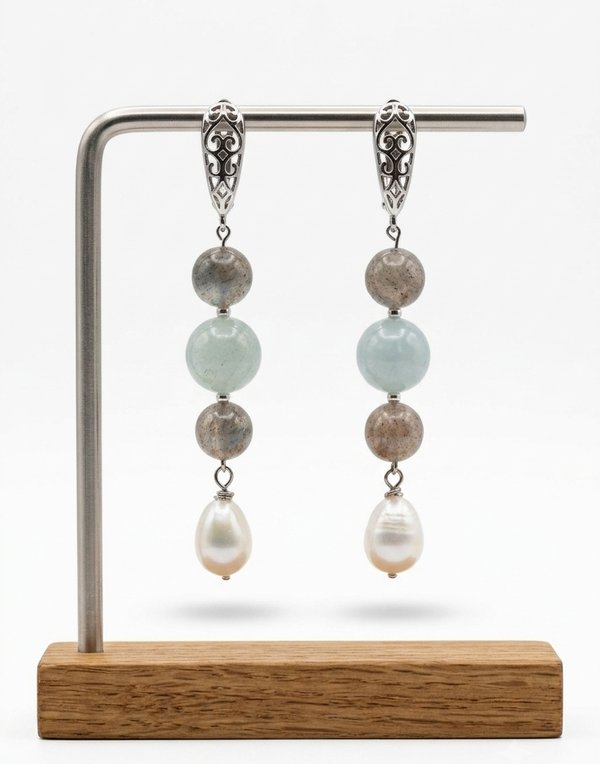 Labradorite Aquamarine Pearl Earrings | 925 Sterling Silver | Intuition Calm & Wisdom | March Gift