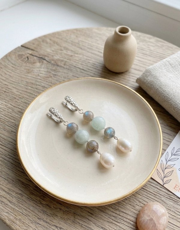 Labradorite Aquamarine Pearl Earrings: Intuition & Calm Gemstone Dangle Drops, Stainless Steel Crystal Earrings