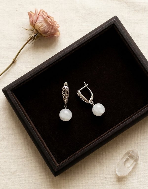 Natural Moonstone and Pearl Drop Earrings HANIEL | Two June Birthstones | Sterling Silver | Handmade