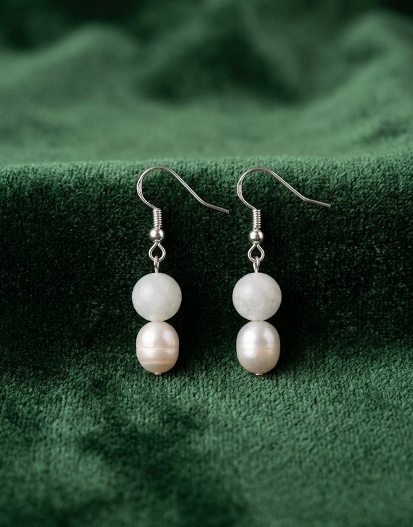 Natural Moonstone and Pearl Drop Earrings HANIEL | Two June Birthstones | Sterling Silver | Handmade