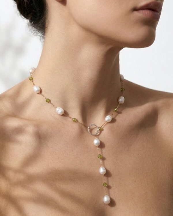 Pearl Peridot Station Necklace | June, August Birthstone | Freshwater Pearl | Handmade