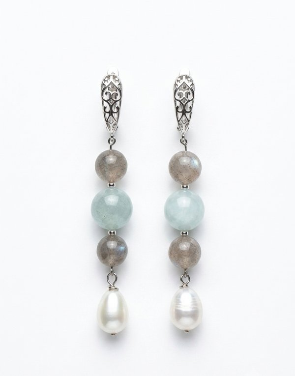 Labradorite Aquamarine Pearl Earrings
