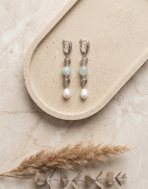 Labradorite Aquamarine Pearl Earrings