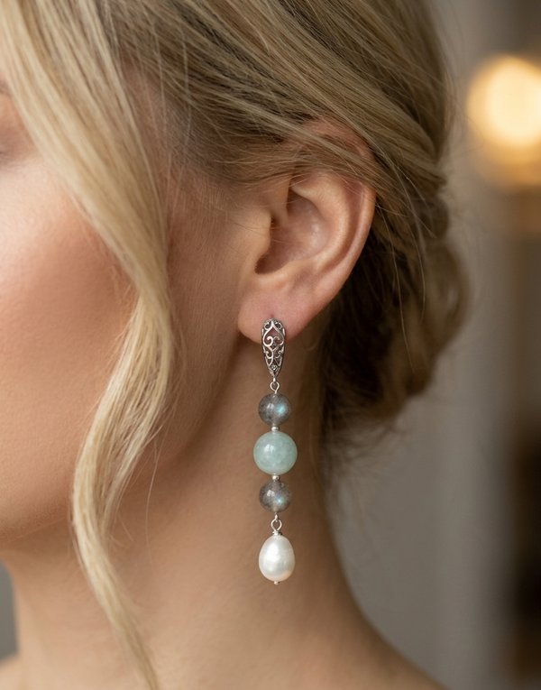 Labradorite Aquamarine Pearl Earrings