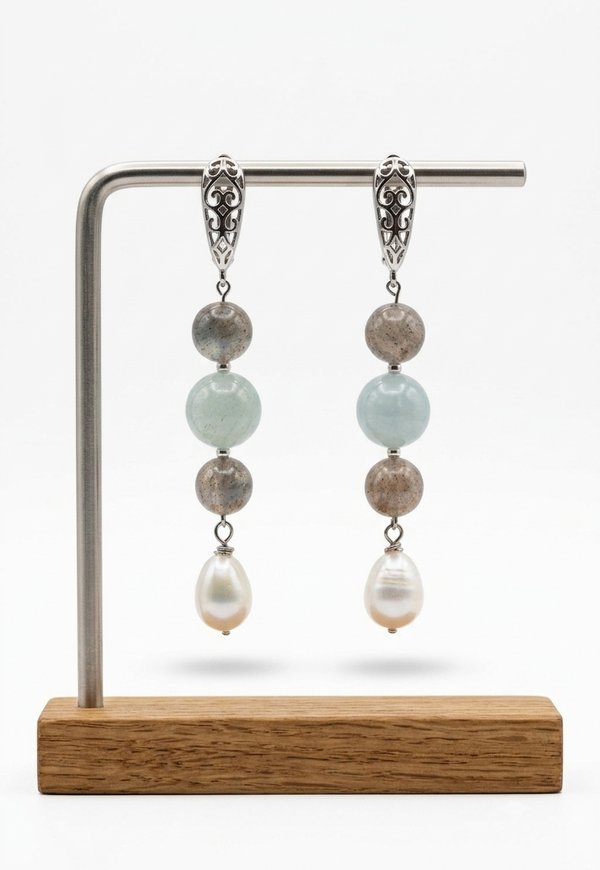 Labradorite Aquamarine Pearl Earrings