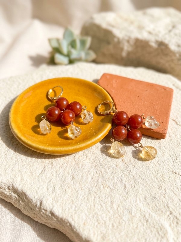 Red Carnelian Citrine Earrings MIKAEL | Natural Gemstone Cluster | July Birthday Gift